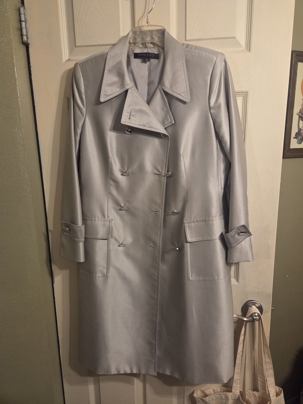 Anne Klein Silver Satin Double-Breasted Trench Coat